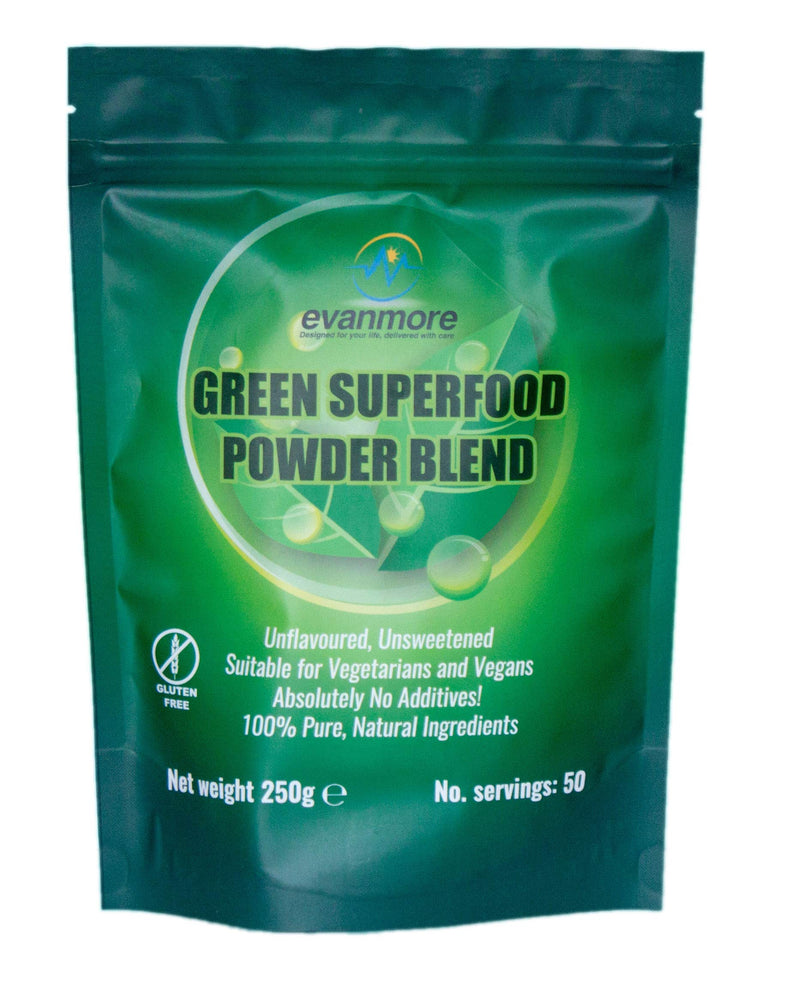 [Australia] - Super Greens Powder Blend - Vitamin Mineral Nutrient Rich - Immune System & Energy Boost - Vegan Vegetarian Superfoods Supplement Alkaline 100% Natural Gluten Free Detox- 250g 50 Servings, Evanmore 