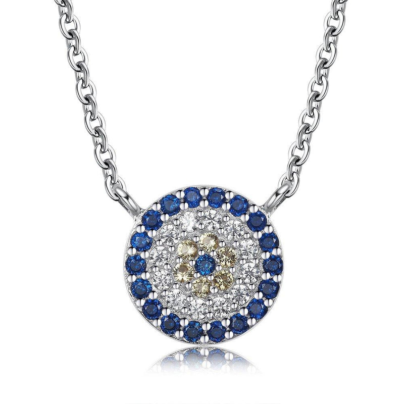 [Australia] - Blue Round Evil Eye Pendant Necklace Sterling Silver 925 Cubic Zirconia Chain Length 16in+2in Extender White Gold 