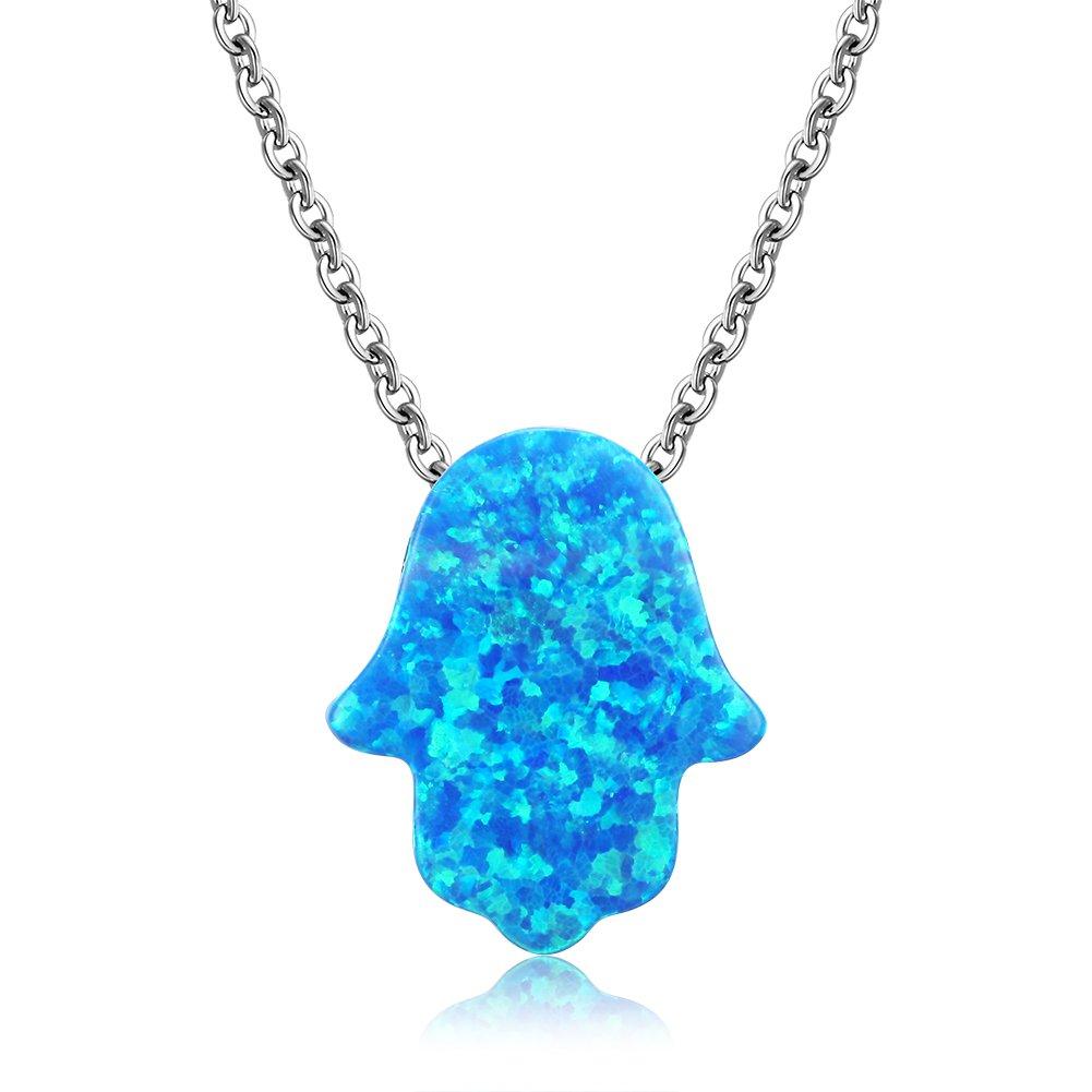 [Australia] - Hamsa Hand of Fatima Pendant Necklace Sterling Silver 925 Synthetic Opal Adjustable 16"+2" Cable Chain Blue 