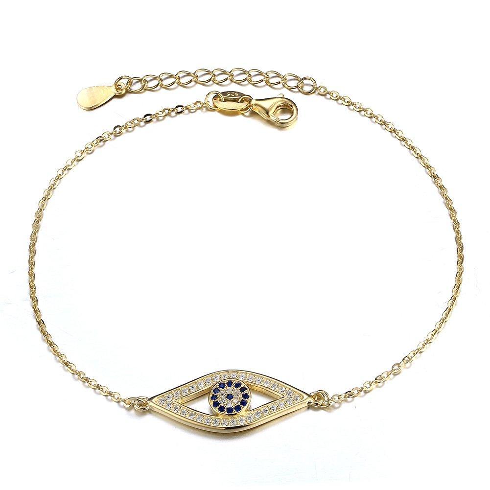 [Australia] - Blue Evil Eye Bracelet Sterling Silver 925 Cubic Zirconia Adjustable 6.5inches+1.5inches for Women Yellow Gold 