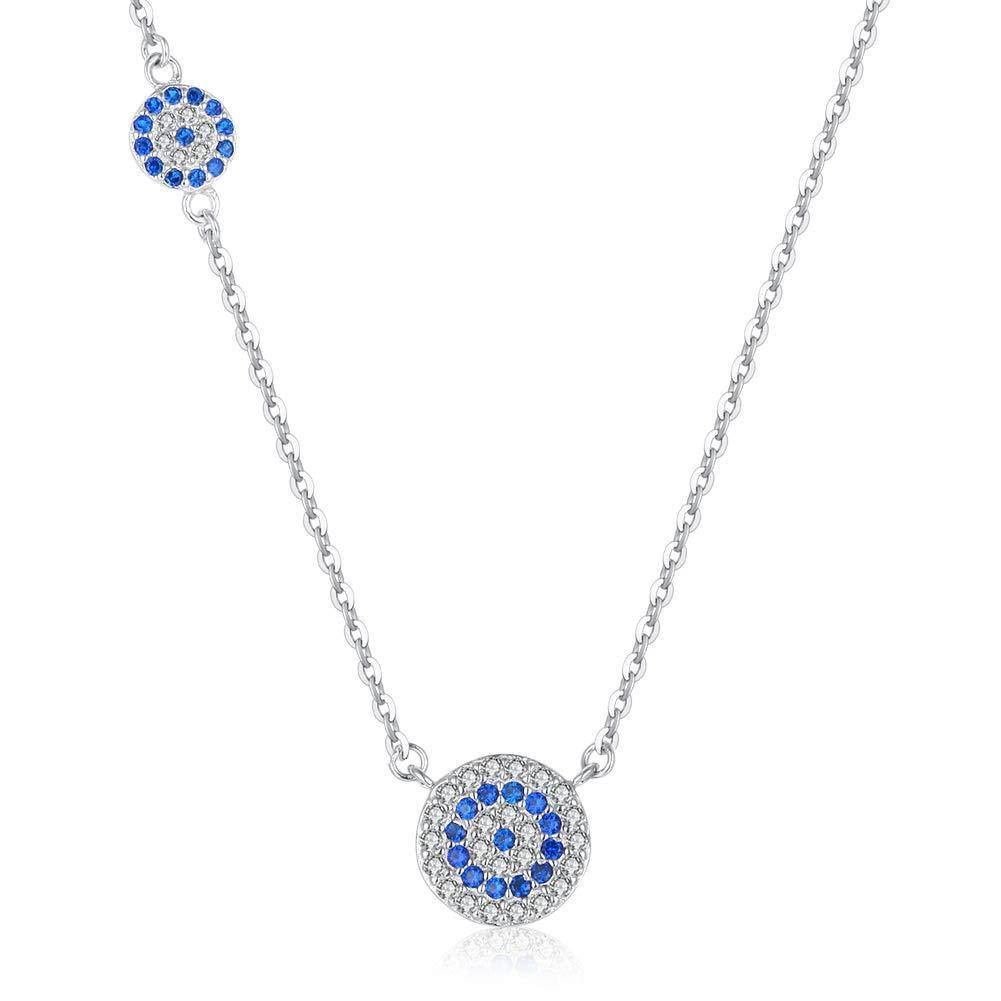 [Australia] - Round Blue Evil Eye Pendant Necklace Sterling Silver 925 Cubic Zirconia Adjustable Chain 16-17-18 Inch 