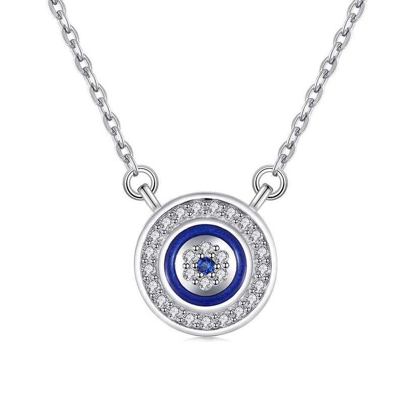 [Australia] - Round Blue Evil Eye Pendant Necklace Sterling Silver 925 Cubic Zirconia Adjustable Chain 16"+2" Extender Rhodium 