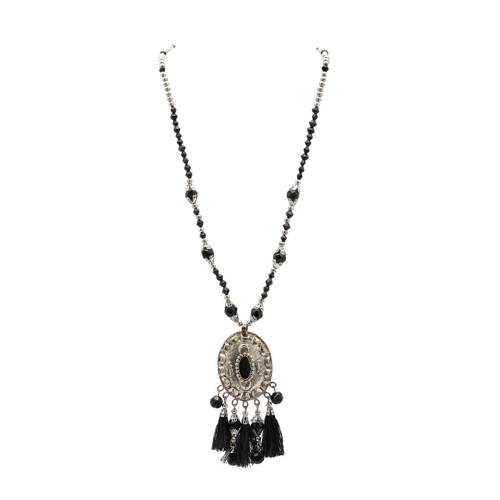 [Australia] - Zephyrr Fashion Jewellery Afghani Style German Silver Necklace Black Glass Beaded Tassles 