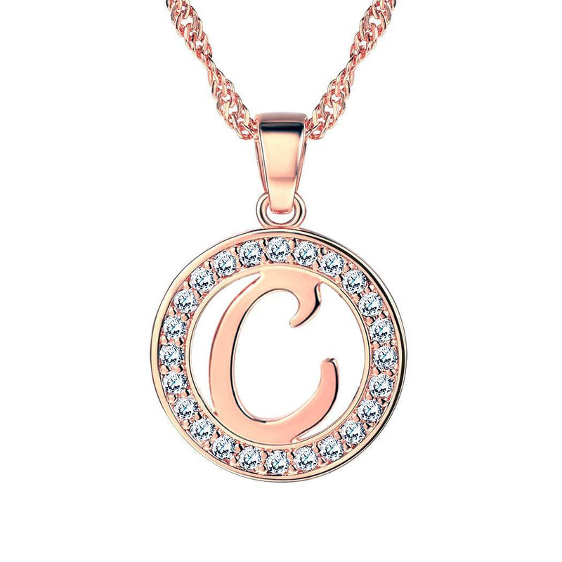 [Australia] - Circle Coin Initial Letter Alphabet A to Z Necklace, 18K Gold Rose Gold Platinum Black Plated Stainless Steel Cubic Zirconia Capital Pendant with Chain, Customizable Engraved Jewelry for Women Girls C 01-Rose Gold Plated Copper 