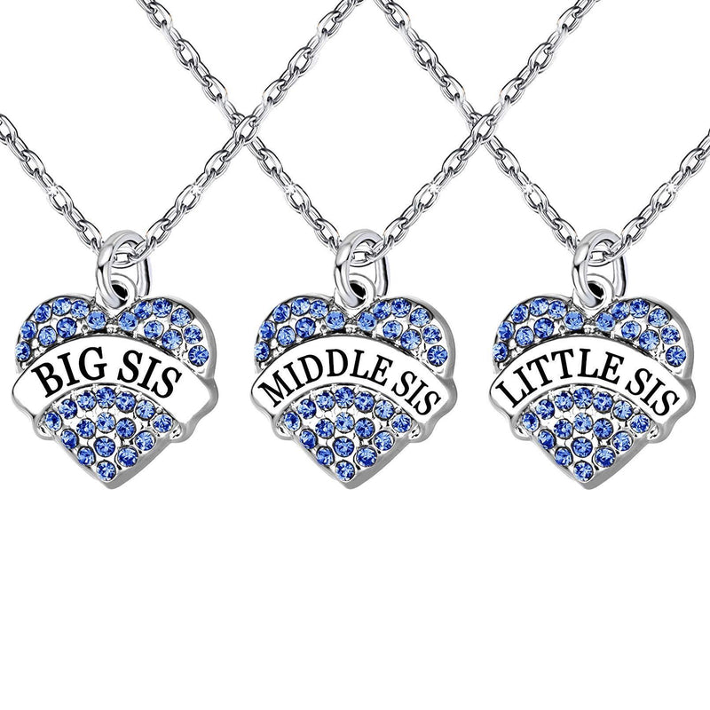 [Australia] - 3PCS Sister Gifts Necklaces Set for Women Girl Crystal Love Heart Big Middle Little Sister Charms 3pcs Blue Crystal 
