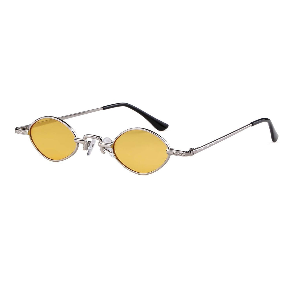 [Australia] - ADEWU Small Oval Sunglasses Retro Vintage Glasses for Women Men Oval - Yellow(lens) + Silver(frame) 