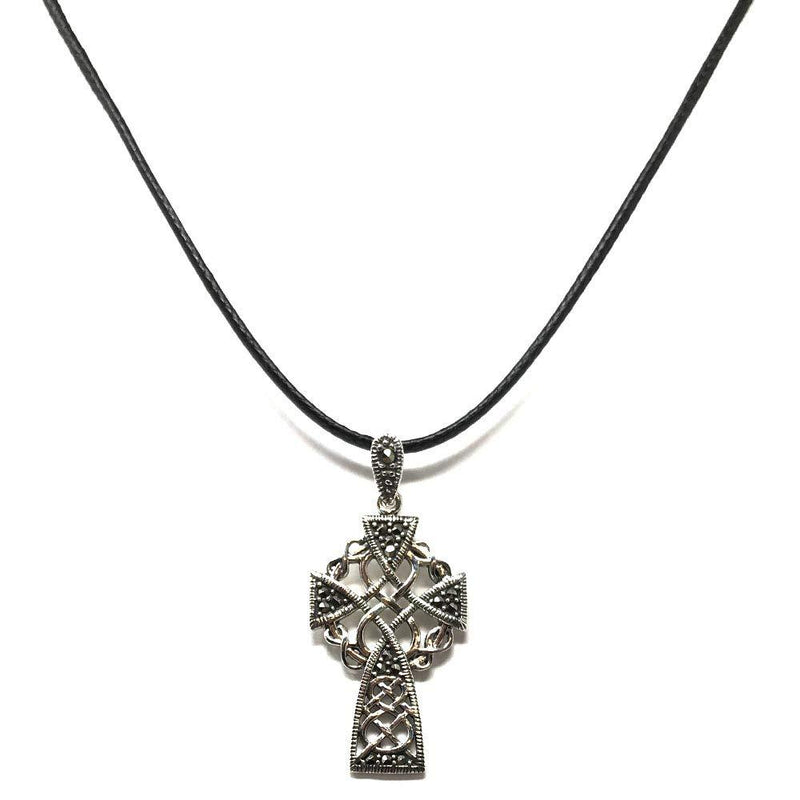 [Australia] - Ladies Sterling Silver Marcasite Celtic Cross on 41-46cm Leatherette Cord Necklace 