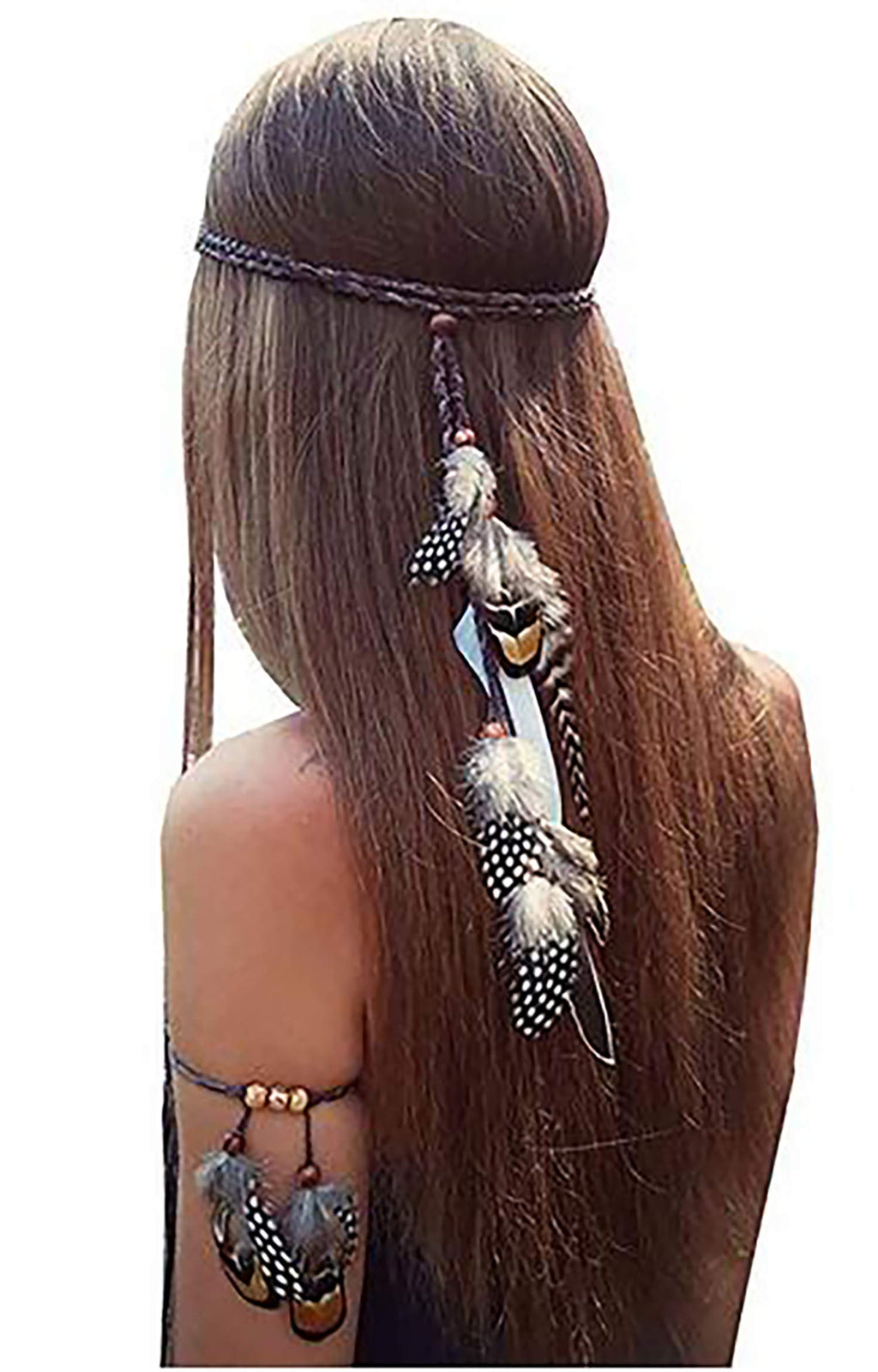 [Australia] - Fodattm Set of 2 Gypsy Hippie Feather Headband Headdress and Armband Bohemian Headwear Headpiece Handmade Tribal Indian Fascinator Feather Hairband Hair Accessories for Girls Women Lady (A#) A# 