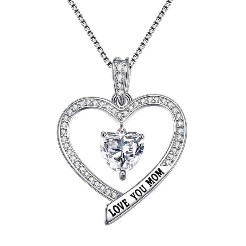 [Australia] - Clearine Women's 925 Sterling Silver Wedding Bridal CZ Engraved"LOVE YOU MOM" Double Heart Pendant Necklace Clear 