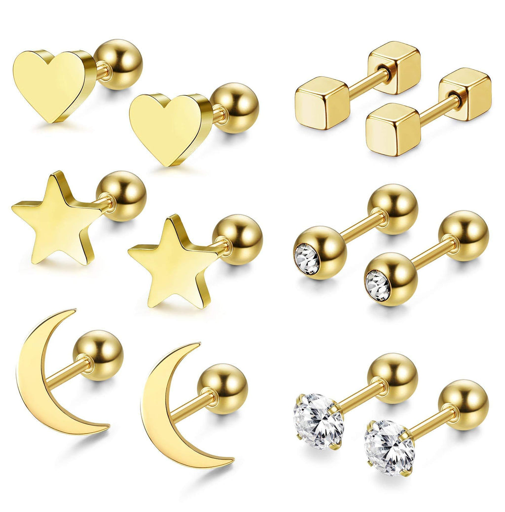 [Australia] - Milacolato 3-6 Pairs Surgical Steel Stud Earrings for Women Girls Heart Star Moon Stud Cartilage Helix Earrings C:gold 6pairs 