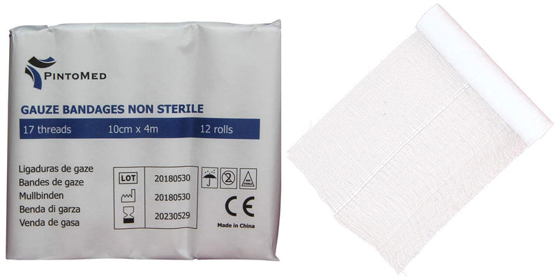 [Australia] - PintoMed - Gauze Bandage Roll Stretch Wound Care, Absorvent and Keeps Clean -17 Threads Non Sterile Size 10Cmx 4Mts 12pcs per Pack 10 CM 