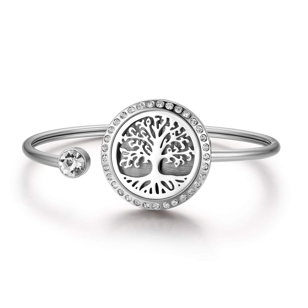 [Australia] - JewelryWe Essential Oil Aromatherapy Diffuser Locket Bracelet,Hollow Flower/Tree of Life Pattern Charm Openable Stainless Steel Bangle for Ladies Women Silver(b) 