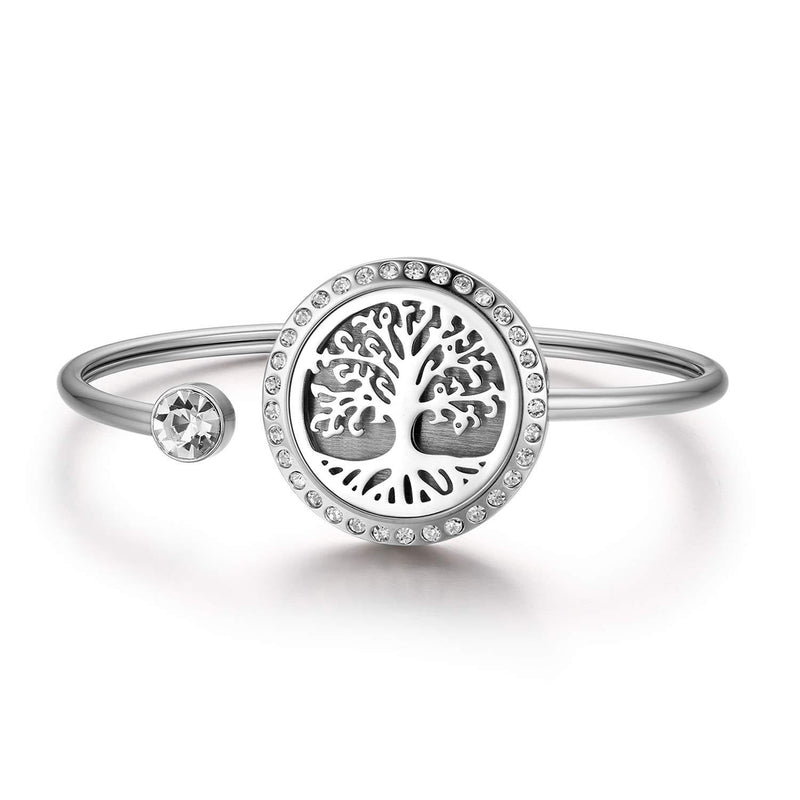 [Australia] - JewelryWe Essential Oil Aromatherapy Diffuser Locket Bracelet,Hollow Flower/Tree of Life Pattern Charm Openable Stainless Steel Bangle for Ladies Women Silver(b) 