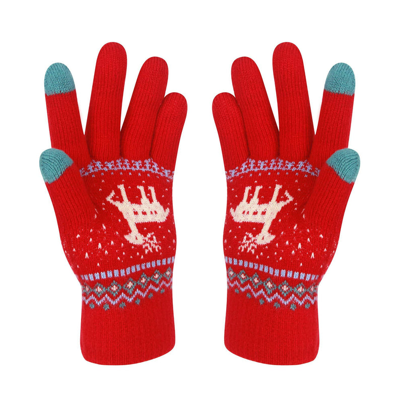 [Australia] - VENI MASEE Winter Women Lovely Deer Print Double Layer Keep Warm Touch Screen Gloves Red 