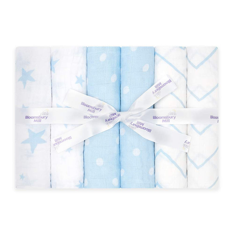 [Australia] - Bloomsbury Mill - Pack of 6 - 100% Organic Cotton Muslin Squares – Breathable & Soft Baby Cloths – Essential Newborn Gift in Stars, Chevrons & Polka Dots Designs - Blue & White - 70cm x 70cm 
