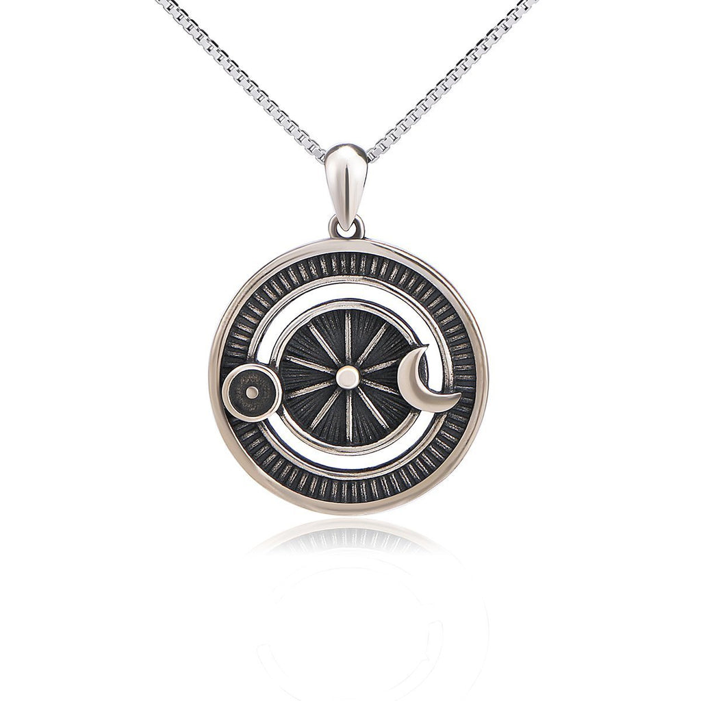 [Australia] - Flyow 925 Sun and Moon Necklace Pendant Oxidized Vintage Magic Array Jewelry for Ladies and Girls Sterling Silver 