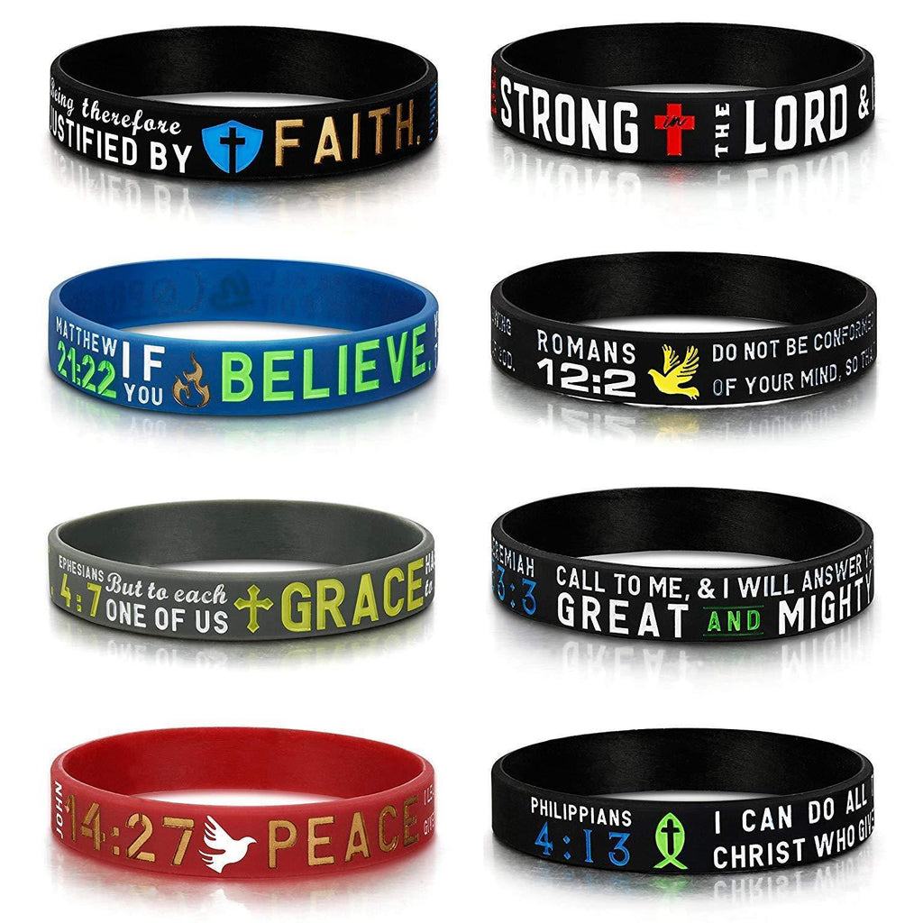 [Australia] - Finrezio 8 Pcs Power of Faith Bible Verse Wristbands Black Silicone Bracelets for Men Women Christian Religious Jewelry Gifts 