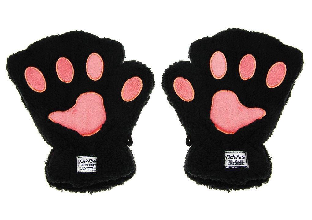 [Australia] - Women Girls Bear Faux Fur Soft Plush Cat Paw Claw Glove Fingerless Gloves Mitten Soft Winter Gloves Coral Fleece Mittens Black 