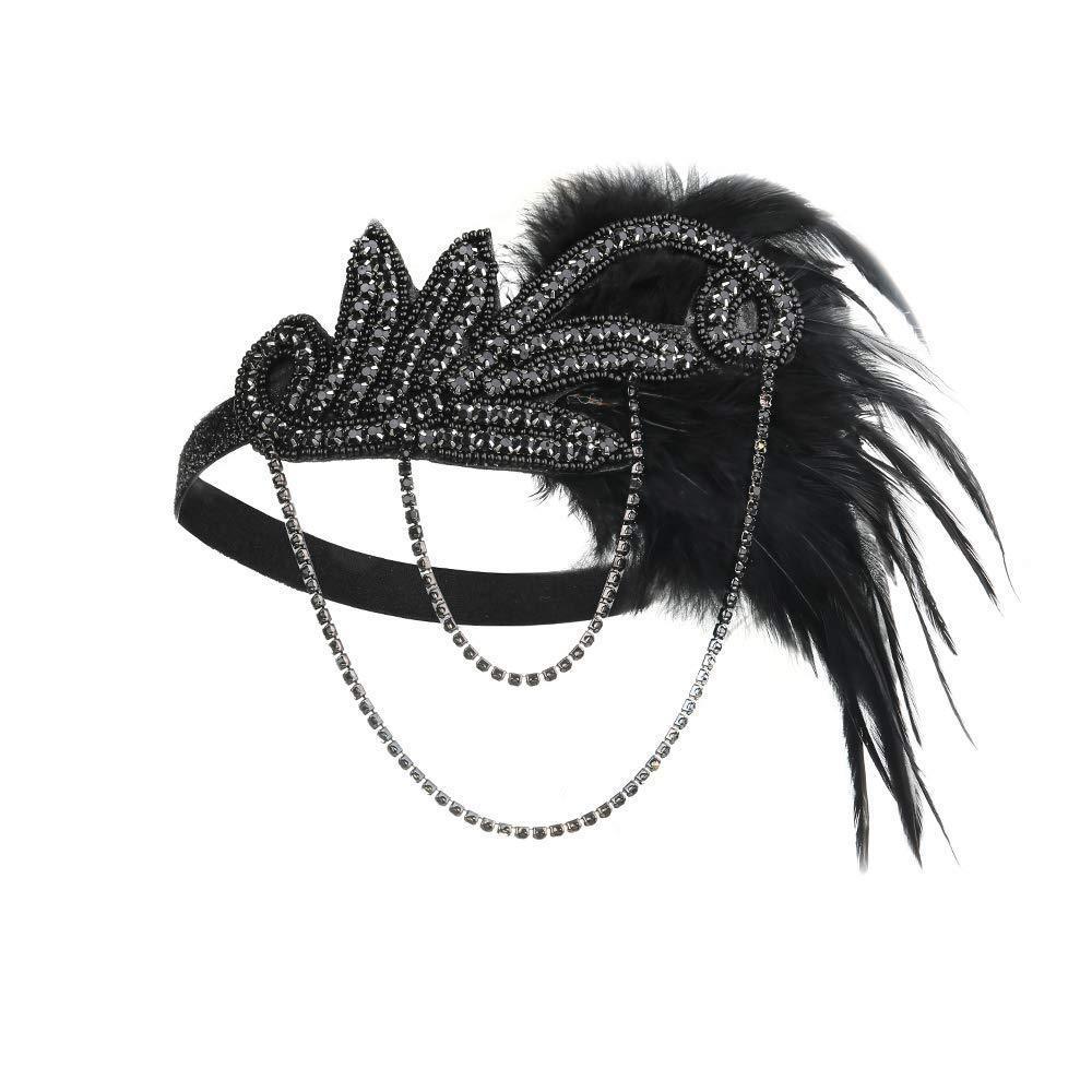 [Australia] - JISEN 1920s Flapper Vintage Feather Gatsby Crystal Headpiece Black1 Type 3-Black1 