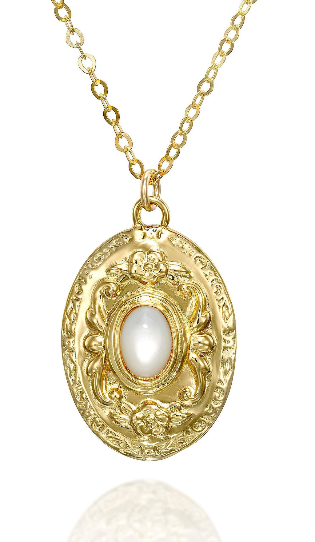 [Australia] - Stera Jewelry 14k Gold Plated Silver Choice of Mother of Pearl or Red Gemstone Oval Pendant Necklace 