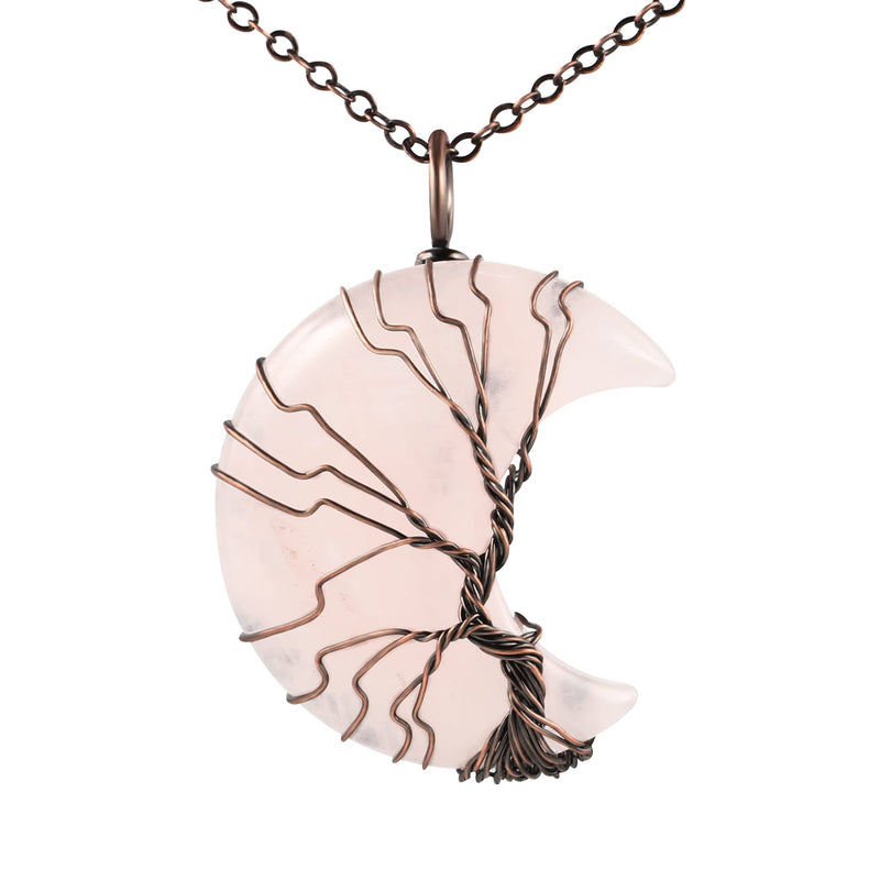 [Australia] - KISSPAT Healing Crystal Stone Necklace, Tree of Life Copper Wire Wrap Crescent Moon Necklace Natural Gemstones Quartz Pendant for Women Pink 