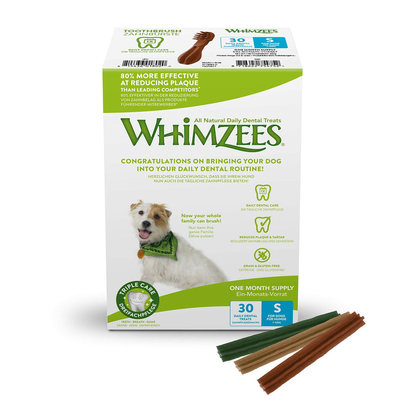 [Australia] - WHIMZEES Stix, Natural and Grain Free Dog Dental Sticks, Dog Chews for Small Breeds, Monthly Pack (30 Pieces), Size S Monthly Box - 30 pieces Adult S (Dogs 7-12kg) 