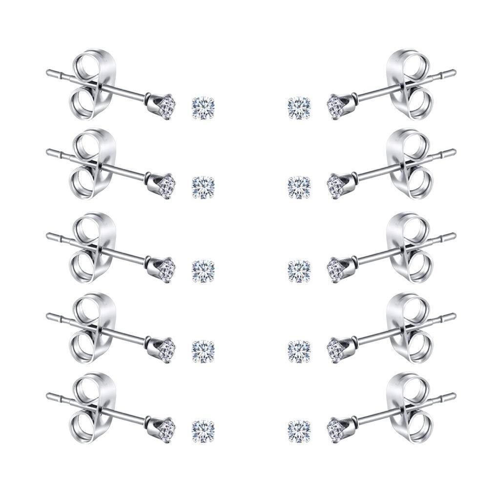 [Australia] - FOSIR 2-4MM Tiny Women's Stainless Steel Round Clear Cubic Zirconia Stud Earrings(6-10 Pairs) Silver 2.0 Millimetres 