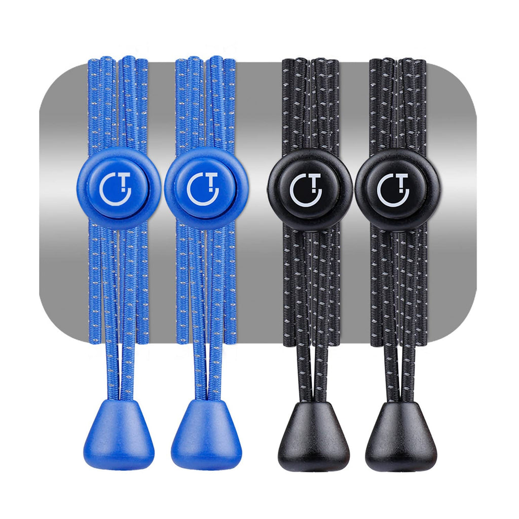 [Australia] - Elastic Laces, Gritin [2 Pack/Black+Blue] Reflective No Tie Elastic Lock Shoe Laces - Ultimate Comfort and Convenience for Adults, Kids, Marathon and Runners 
