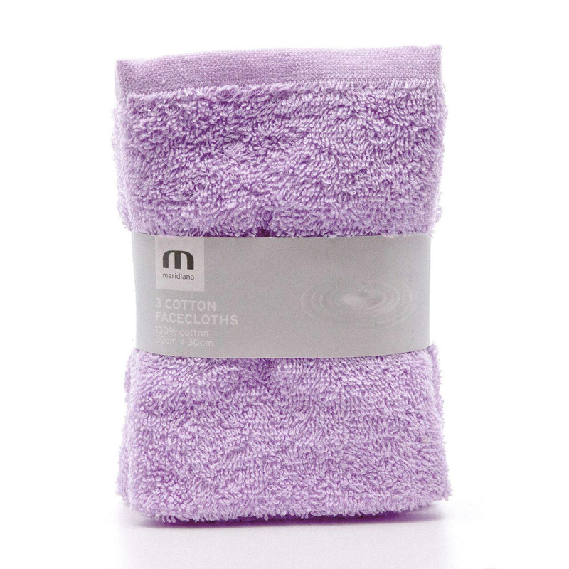 [Australia] - Meridiana Super Soft 100% Cotton Family Washcloths. Machine Washable. Lavender. 3 Pack. 30cm x 30cm 