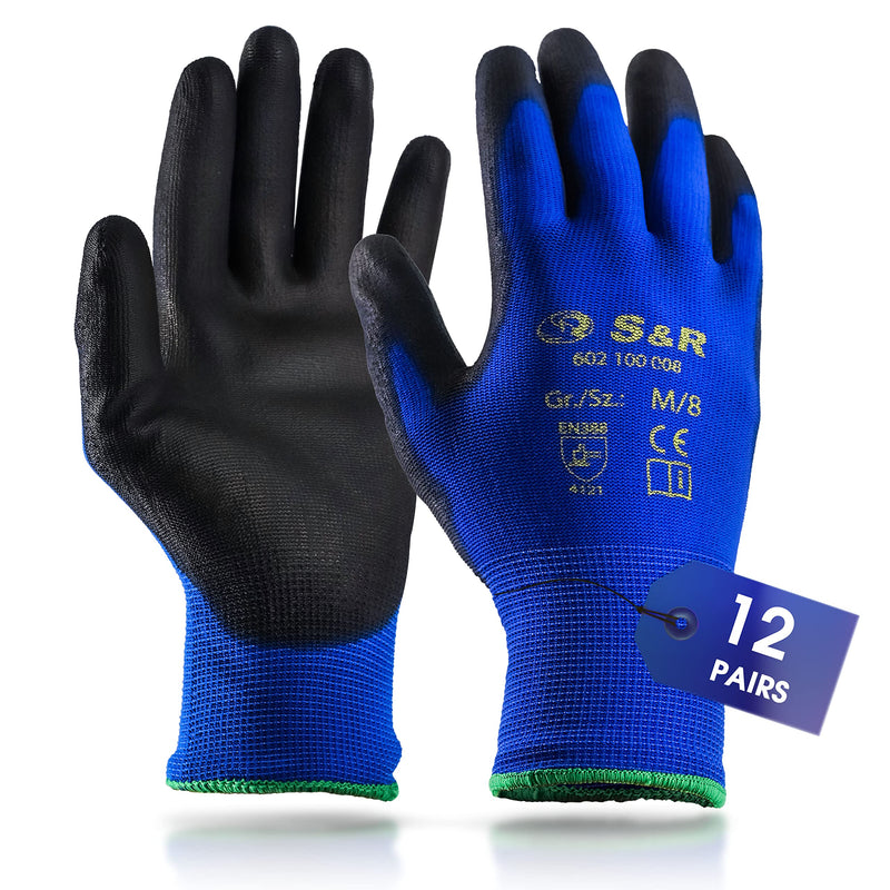 [Australia] - S&R Work Gloves - 12 pairs of BASIC Nylon PU coating Protective Gloves Size M/8 for private and commercial use M (Pack of 24) 