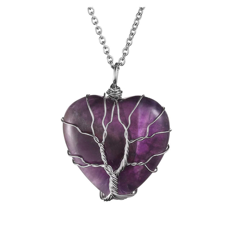 [Australia] - JOVIVI Natural Amethyst Heart Tree of Life Necklace Healing Purple Raw Quartz Gemstone Chakra Wire Wrapped Crystal Pendant Necklace Vintage Amethyst Jewellery for Women 