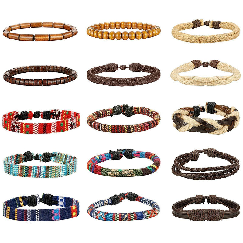 [Australia] - MILACOLATO 15pcs Men Women Linen Hemp Cords Wood Beads Ethnic Tribal Bracelets Leather Wristbands A:15Pcs 