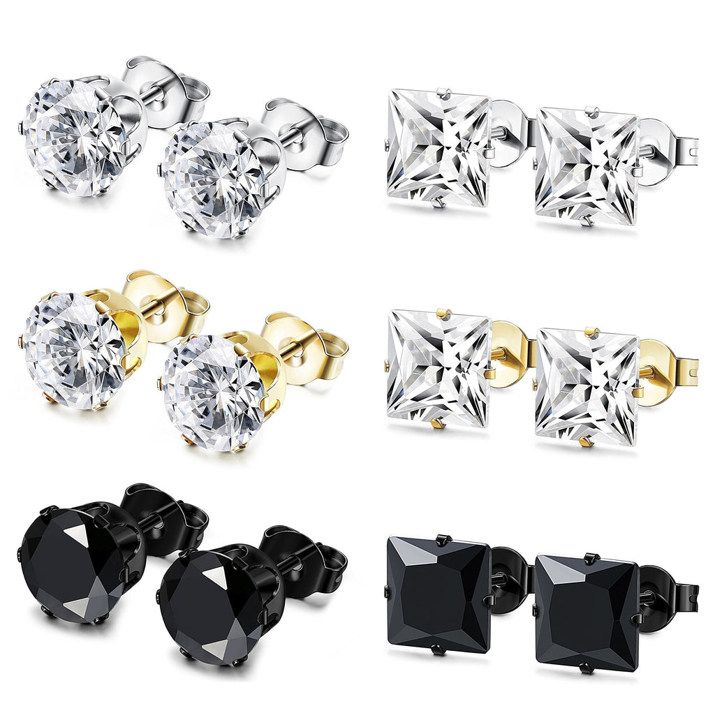 [Australia] - Milacolato 6 Pairs Stainless Steel Stud Earrings for Men Women CZ Earrings 3-8MM D：6 Pairs a Set,6mm 