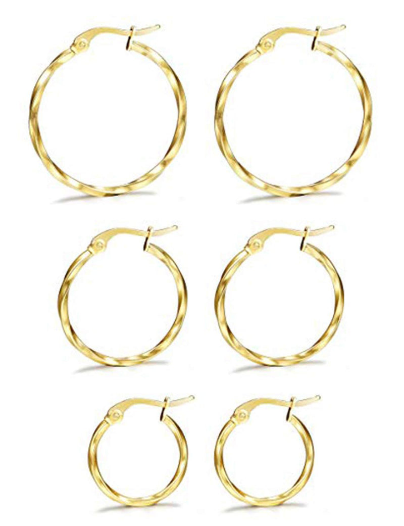 [Australia] - Milacolato 3 Pairs Stainless Steel Twisted Gold Silver Small Hoop Earrings Set for Women 15-25mm 3 Pairs Golden (15mm/20mm/25mm) 