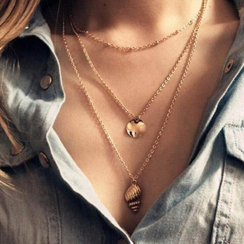 [Australia] - Simsly Retro Multi-layered Choke Shell Pendant Necklace Chain Gold Accessories Jewelry Adjustable for Women and Girls XL-089 