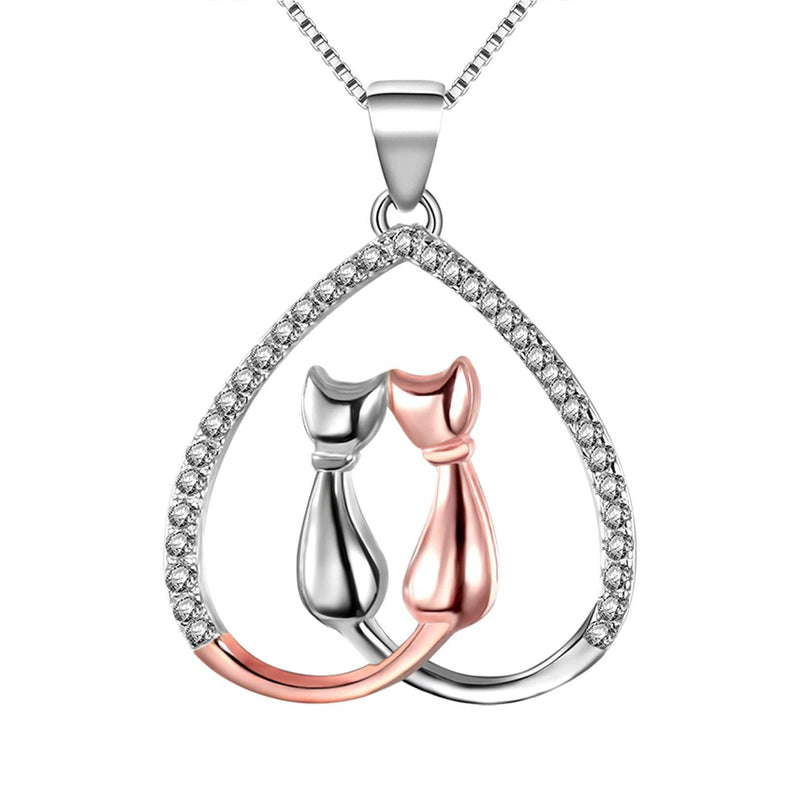 [Australia] - LYTOPTOP Double Cats Heart Pendant Necklace 925 Sterling Silver Rose Gold Tone Lover Jewellery for Women Girls 