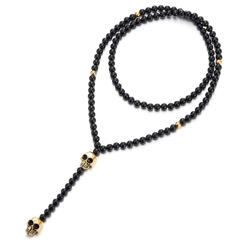 [Australia] - COOLSTEELANDBEYOND Gothic Style Mens Womens Black Onyx Beads Y Chain Necklace with Gold Steel Skull 