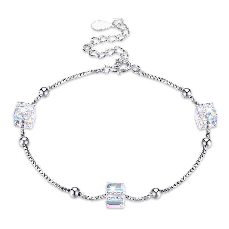 [Australia] - Zolkamery Bracelets for Women, 925 Sterling Silver Crystal Bracelet with 3 Cube Crystal, 17cm + 5cm Adjustable Silver Ball Chain, Friendship Birthday Valentine's Day Best Jewellery Gift for Ladies 