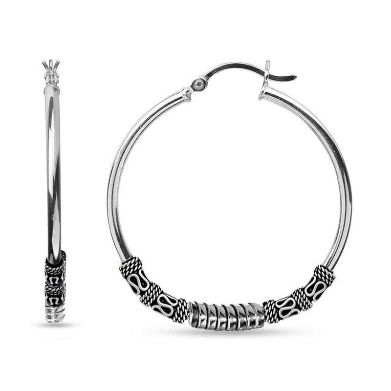 [Australia] - LeCalla Sterling Silver Jewelry Oxidized Balinese Click-Top Large Hoop Earring for Women 60 MM BIG Bead Hoop 