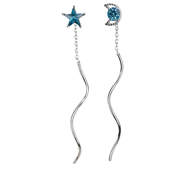 [Australia] - iszie jewellery sterling silver blue crystal moon and star threader earrings,dangle star pull through earrings 