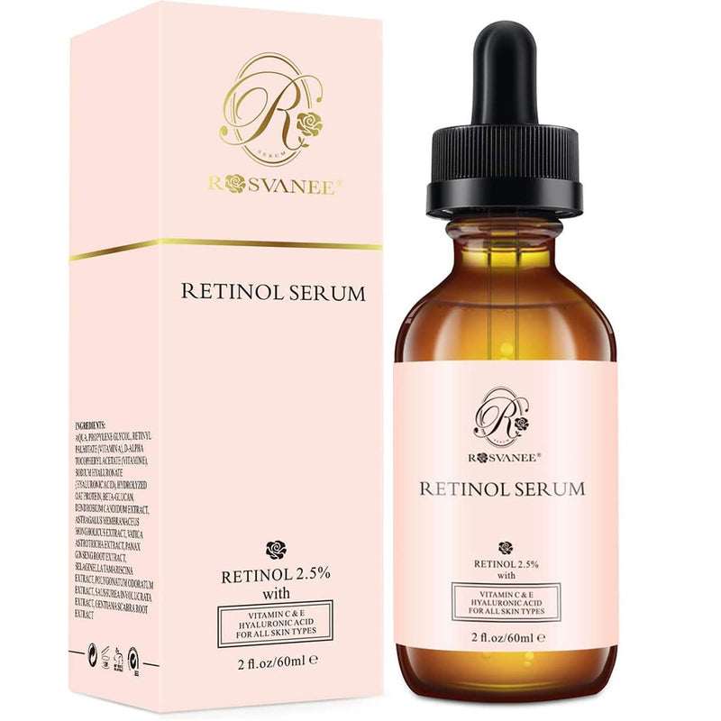 [Australia] - ROSVANEE Retinol Serum for Face 60ml - High Strength with 2.5% Retinol, Hyaluronic Acid, Vitamin C & E, Anti Aging Facial Serum for Skin Repair, Acne, Scar, Dark Spot, Fine Line and Wrinkles 