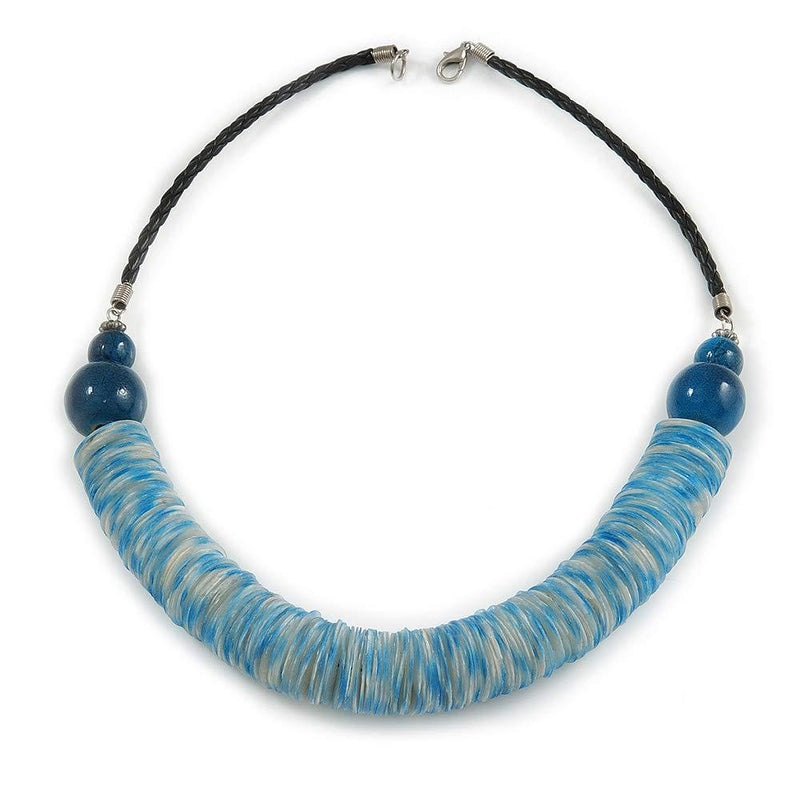 [Australia] - Avalaya Chunky Light Blue Shell Coin Necklace with Black Faux Leather Cord - 55cm L 