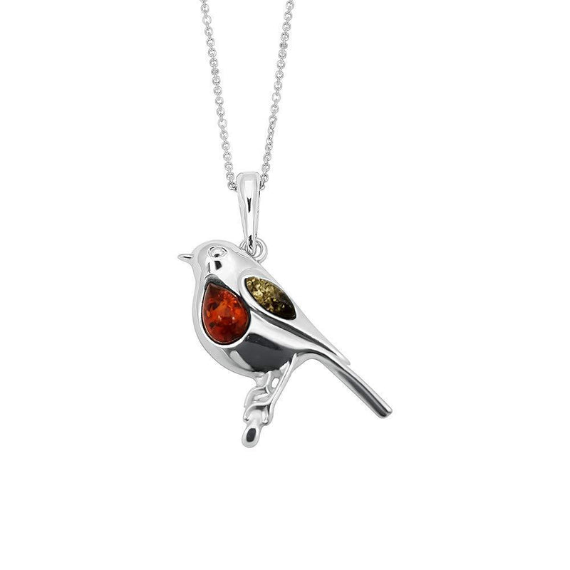 [Australia] - Kiara Jewellery 925 Sterling Silver Robin Pendant Necklace Inset With Multicolour Baltic Amber on 18" Sterling Silver Chain. 