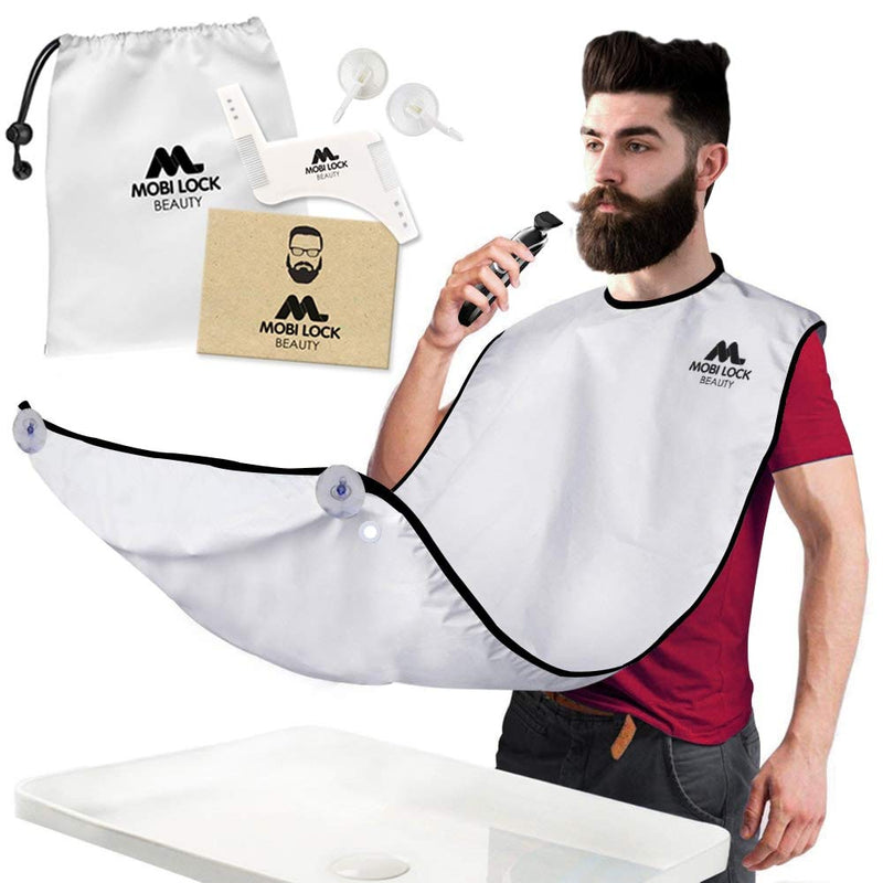 [Australia] - Best Beard Shaving Catcher Bib –The Smart Way to Shave – Beard Trimming Apron & Shaving Cape – Perfect Grooming Gift or Men's Birthday Gift – Includes Shaping Comb, Bag, & Grooming E-Book by Mobi Lock 