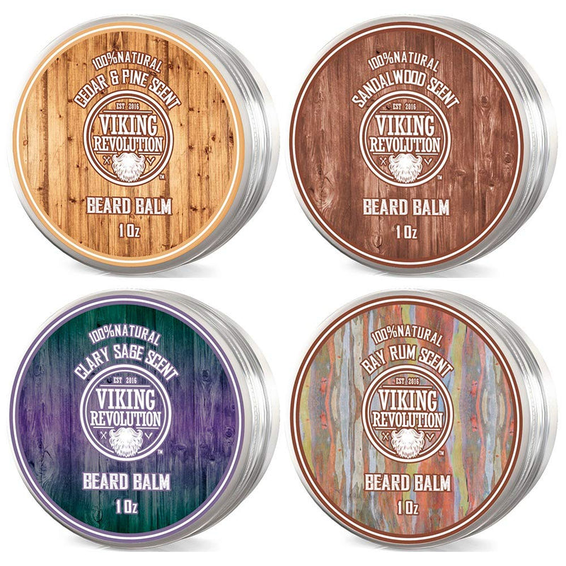 [Australia] - Viking Revolution Beard Balm For Men (4x28g) Variety Pack - Sandalwood, Pine & Cedar, Bay Rum, Clary Sage Beard Wax For Men - Styles, Strengthens & Softens For Healthy Beards 28.35 g (Pack of 4) 