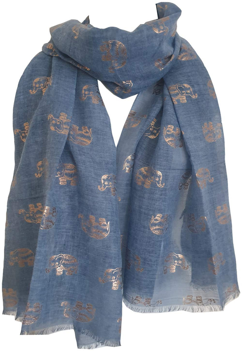 [Australia] - GlamLondon Women's Elephant Print Glitter Rose Gold Scarf Blue Light 
