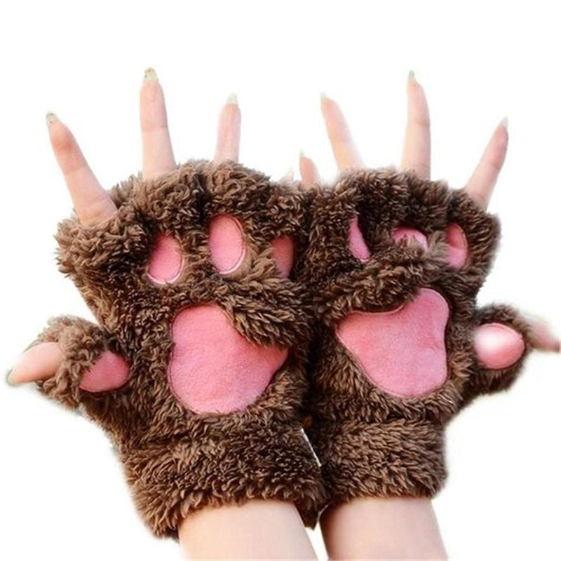 [Australia] - 1 Pair Ladies Girls Womens Cat Paw Gloves Winter Gloves Fingerless Paw Mittens Warm Plush Half-Finger Winter Gloves Brown 