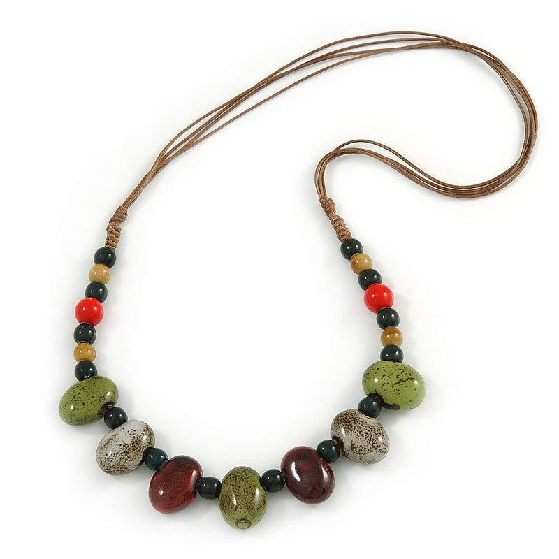 [Australia] - Avalaya Multi Ceramic Bead Brown Cord Necklace (Dusty Green, Red, Dusty White) - 60cm to 80cm (Adjustable) 