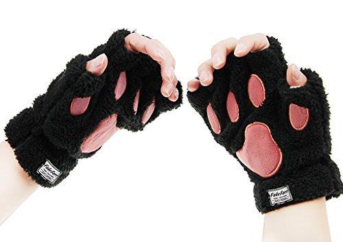 [Australia] - Women Cat Paw Fingerless Gloves Winter Ladies Girls Cute Cat Claw Plush Mittens Half Gloves Short Warm Mittens Cosy Fleece Gloves Cartoon Gloves Thermal Soft Gloves for Cosply Gift Black 