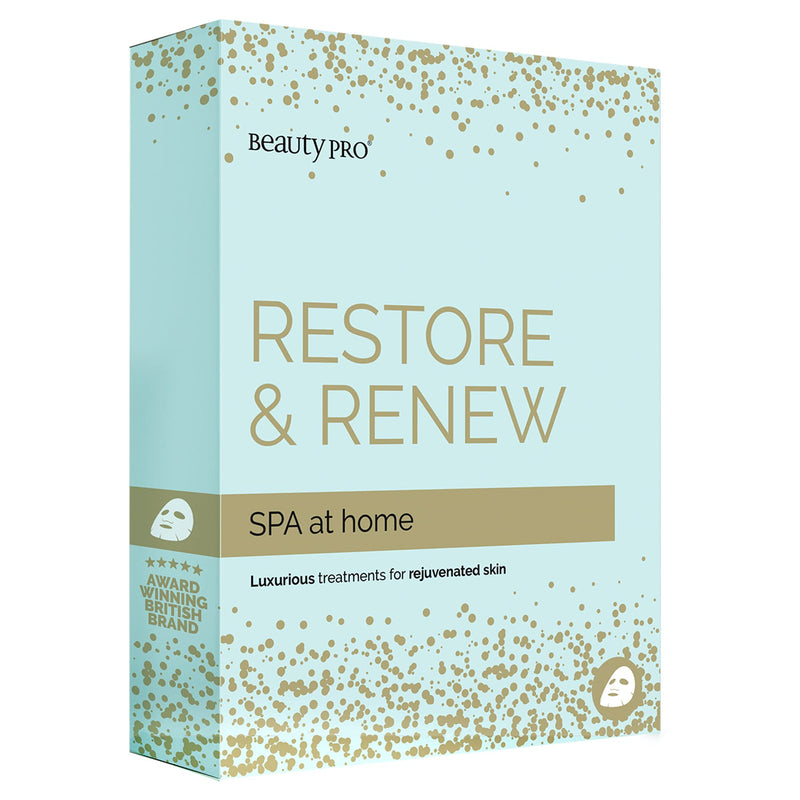 [Australia] - BeautyPro RESTORE & RENEW Spa at Home with 4 Sheet Masks & 1 Under Eye Mask | Packed Full of Natural Ingredients | Face Masks Beauty | Relaxation Gifts For Women | Skin Care & Face Care | 